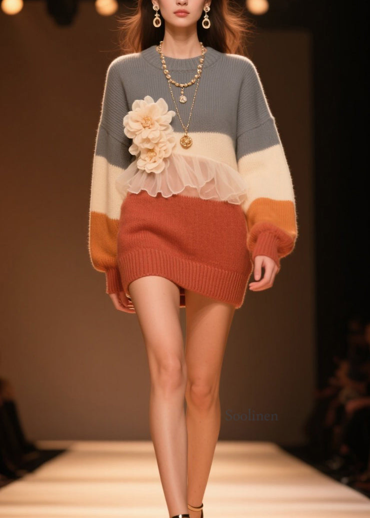 Stylish O Neck Tulle Ruffled Floral Knit Sweaters Fall