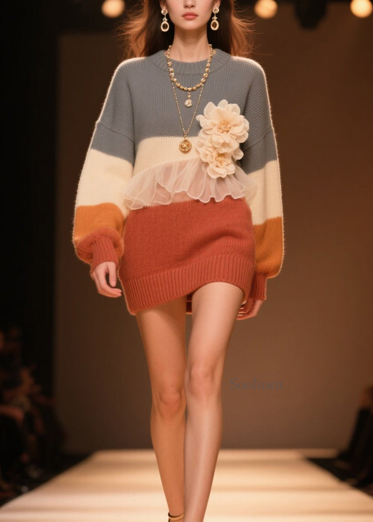 Stylish O Neck Tulle Ruffled Floral Knit Sweaters Fall