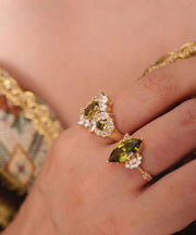 Stylish Olive Green Copper Alloy Zircon Gem Stone Open Rings Two-Piece Set