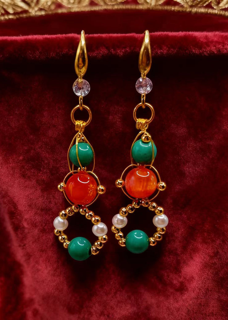 Stylish Orange Crystal And Fine Turquoise Drop Earrings