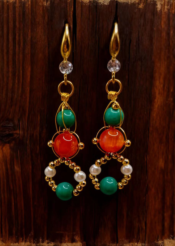Stylish Orange Crystal And Fine Turquoise Drop Earrings