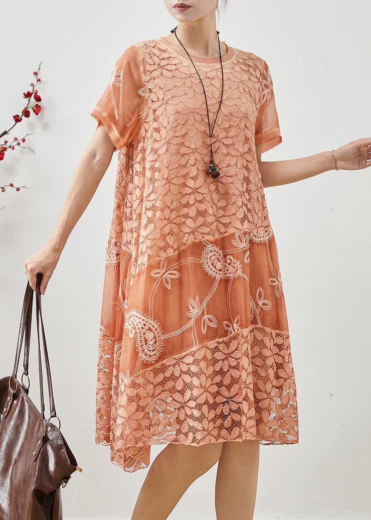 Stylish Orange Embroidered Patchwork Lace Day Dress Summer