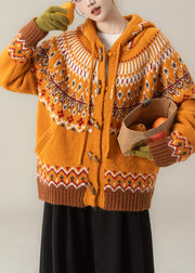 Stylish Orange Jacquard Hooded Knit Coat And Wide Leg Pants Two Pieces Set Fall