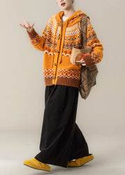 Stylish Orange Jacquard Hooded Knit Coat And Wide Leg Pants Two Pieces Set Fall
