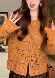 Stylish Orange O-Neck Solid Cotton Knit Cardigans Long Sleeve