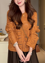 Stylish Orange O-Neck Solid Cotton Knit Cardigans Long Sleeve