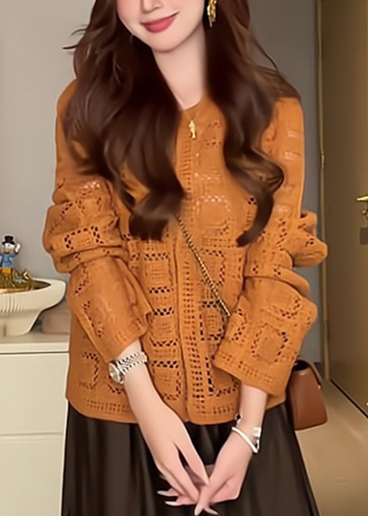 Stylish Orange O-Neck Solid Cotton Knit Cardigans Long Sleeve