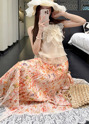 Stylish Orange Print Lace Patchwork Chiffon Pleated Skirt Summer