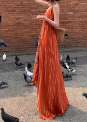 Stylish Orange V Neck Tie Dye Cotton Long Spaghetti Strap Dress Summer
