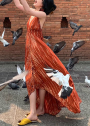Stylish Orange V Neck Tie Dye Cotton Long Spaghetti Strap Dress Summer