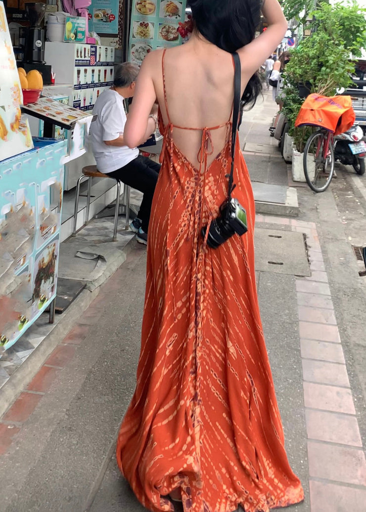 Stylish Orange V Neck Tie Dye Cotton Long Spaghetti Strap Dress Summer