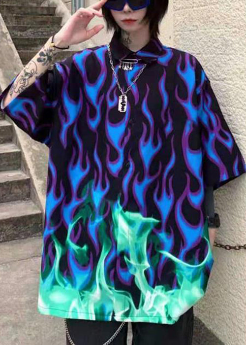 Stylish Peter Pan Collar Print Cotton Mens Shirts Half Sleeve