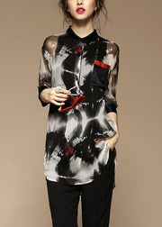 Stylish Peter Pan Collar Print Pockets Blouse Bracelet Sleeve