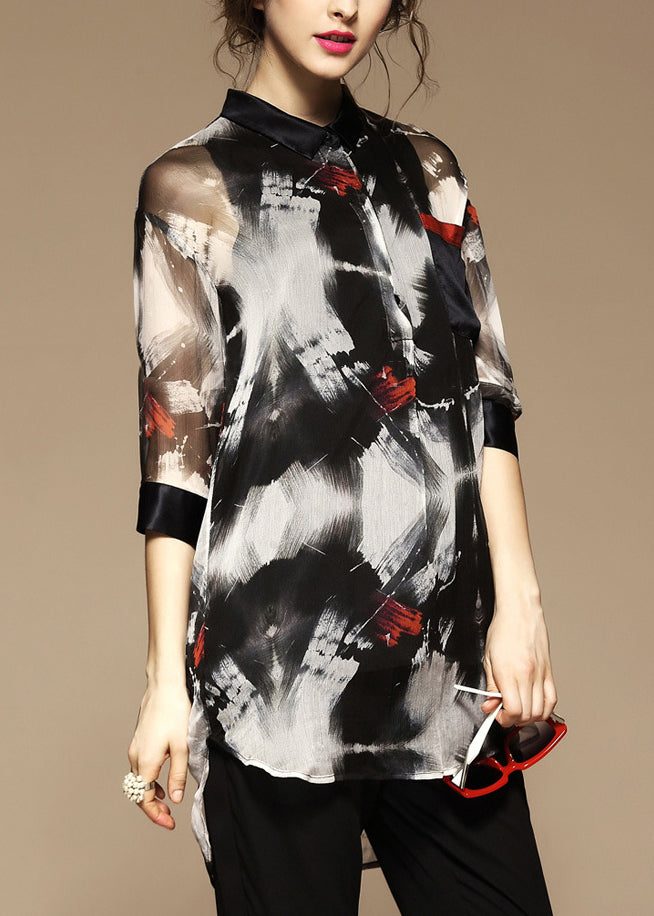 Stylish Peter Pan Collar Print Pockets Blouse Bracelet Sleeve