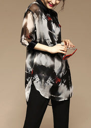 Stylish Peter Pan Collar Print Pockets Blouse Bracelet Sleeve