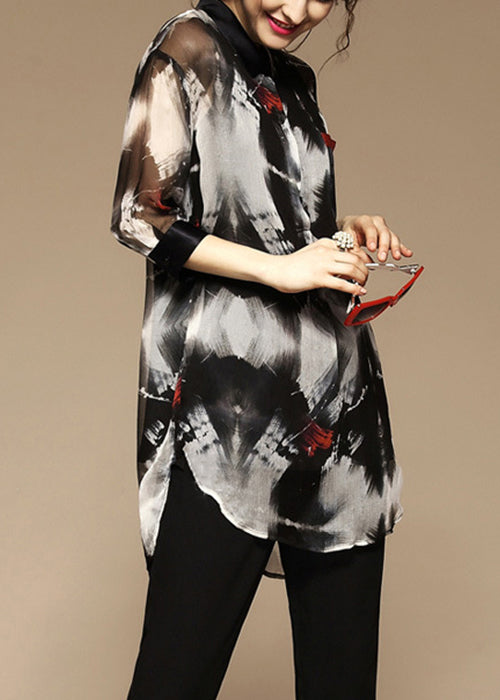 Stylish Peter Pan Collar Print Pockets Blouse Bracelet Sleeve