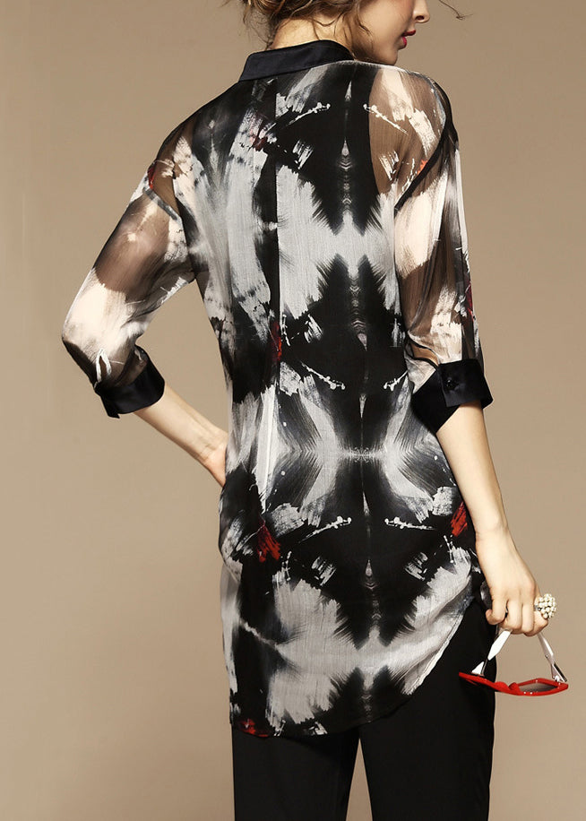 Stylish Peter Pan Collar Print Pockets Blouse Bracelet Sleeve