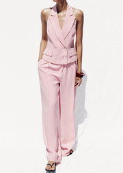 Stylish Pink Backless Double Breast Spandex Two Pieces Set Sleeveless
