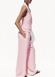 Stylish Pink Backless Double Breast Spandex Two Pieces Set Sleeveless
