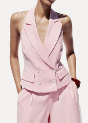 Stylish Pink Backless Double Breast Spandex Two Pieces Set Sleeveless