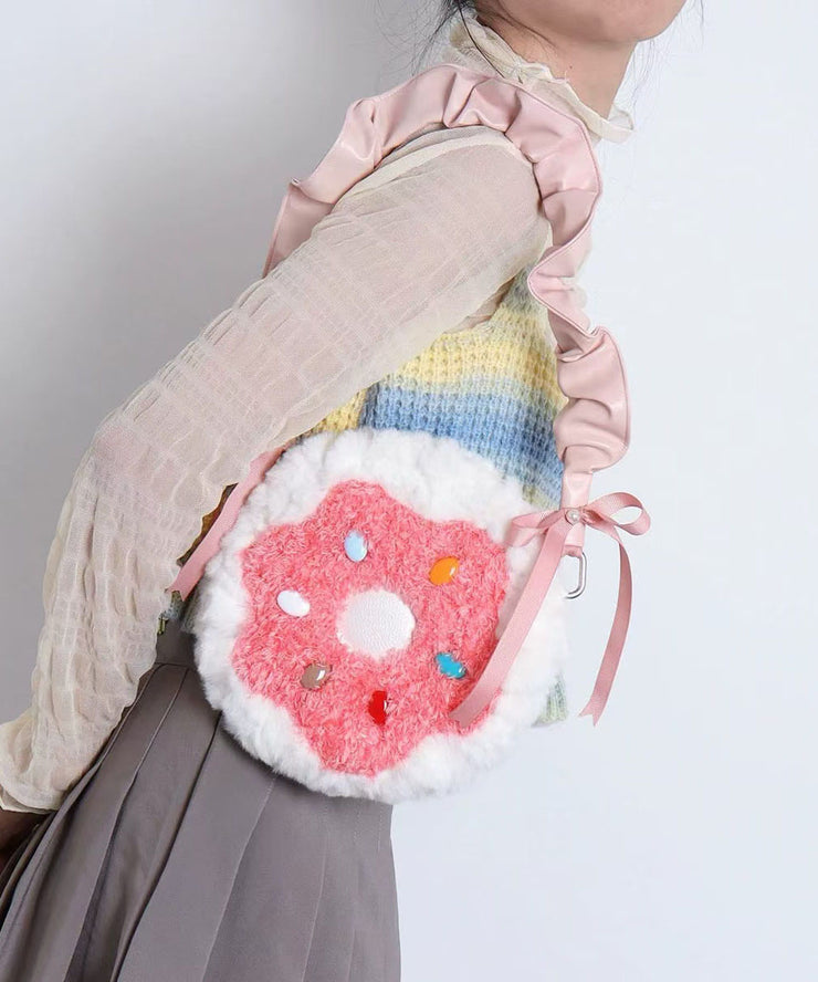 Stylish Pink Bow Fuzzy Fur Fluffy Round Bag