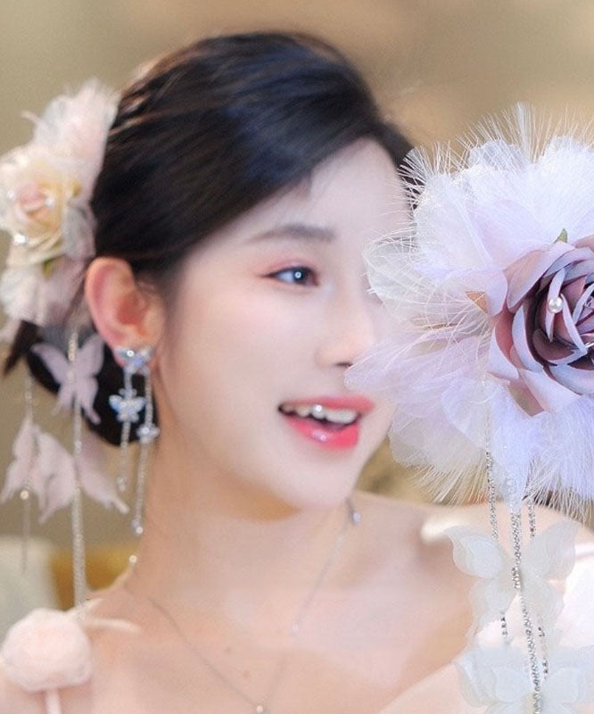Stylish Pink Fabric Zircon Floral Butterfly Tassel Hairpin