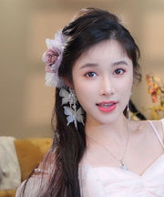 Stylish Pink Fabric Zircon Floral Butterfly Tassel Hairpin
