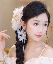 Stylish Pink Fabric Zircon Floral Butterfly Tassel Hairpin