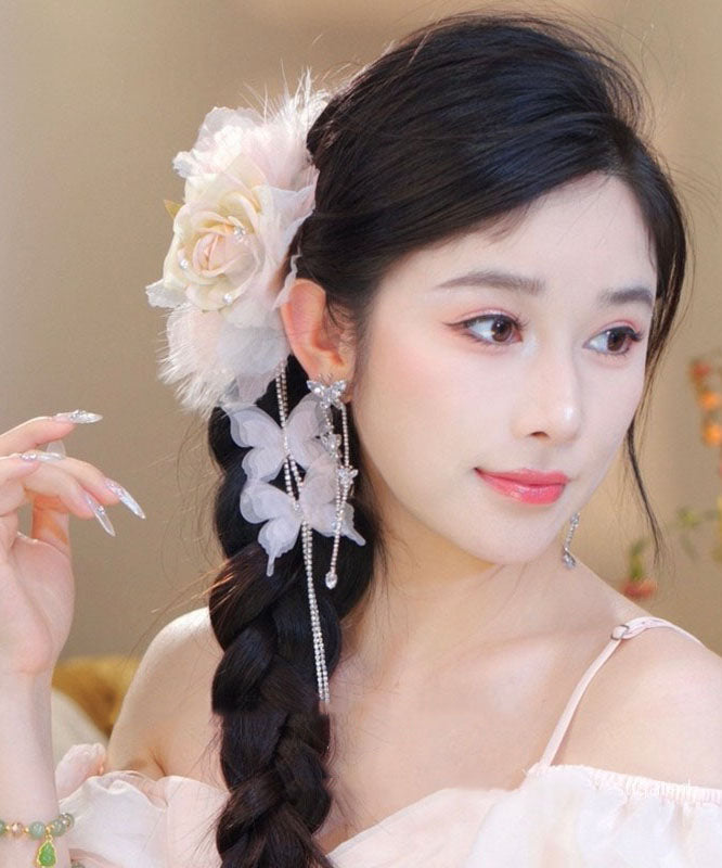Stylish Pink Fabric Zircon Floral Butterfly Tassel Hairpin