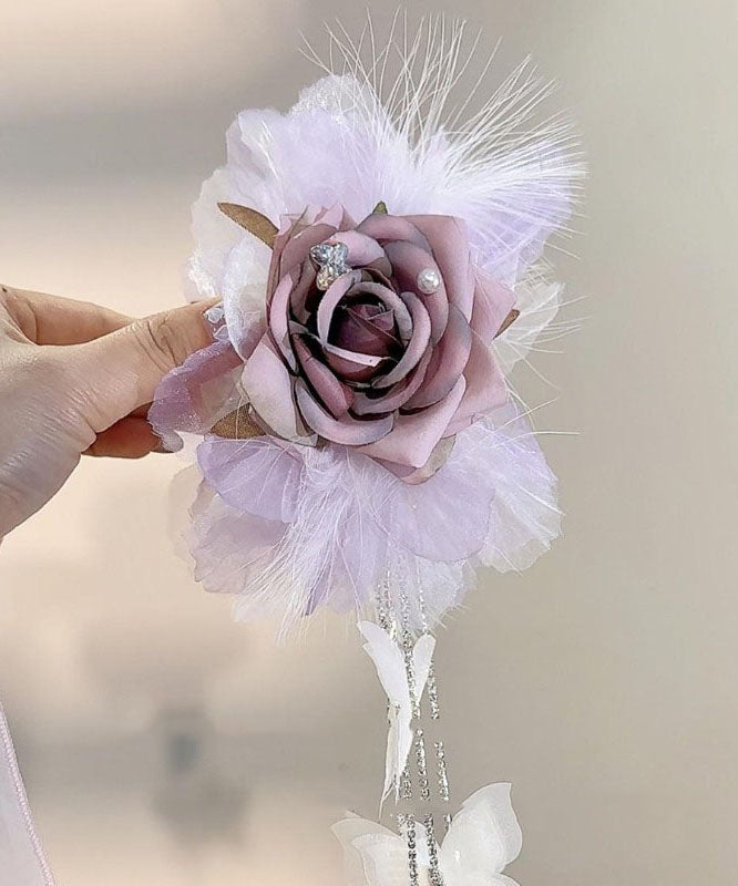 Stylish Pink Fabric Zircon Floral Butterfly Tassel Hairpin