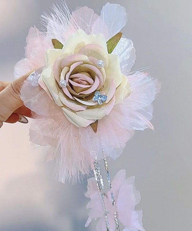 Stylish Pink Fabric Zircon Floral Butterfly Tassel Hairpin