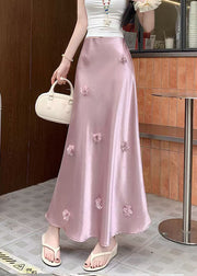 Stylish Pink Floral High Waist Silk Skirt Summer