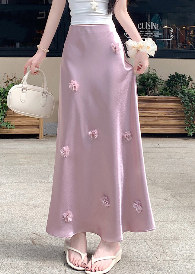 Stylish Pink Floral High Waist Silk Skirt Summer