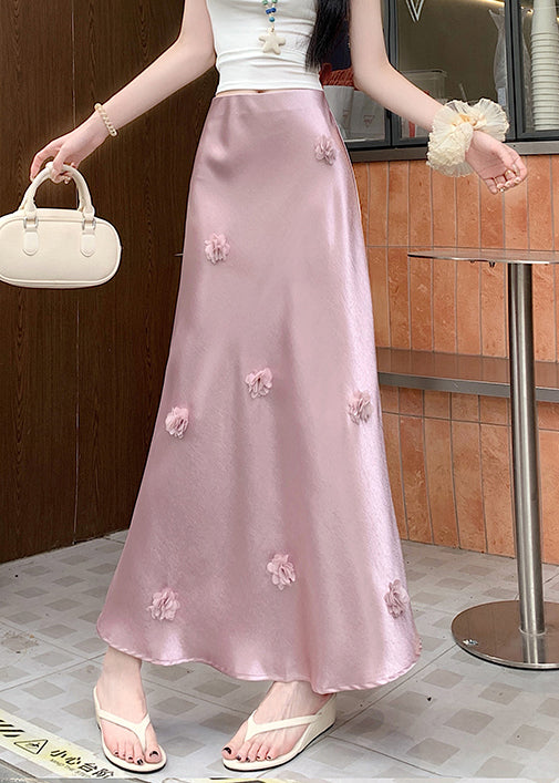 Stylish Pink Floral High Waist Silk Skirt Summer