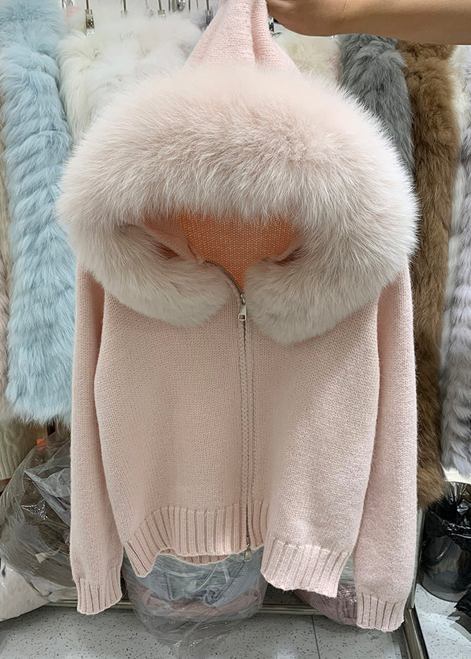 Stylish Pink Fox Collar Zippered Patchwork Knit Coat Winter
