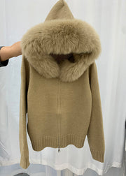 Stylish Pink Fox Collar Zippered Patchwork Knit Coat Winter