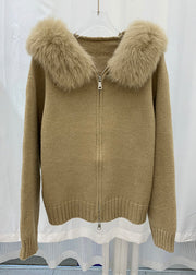 Stylish Pink Fox Collar Zippered Patchwork Knit Coat Winter