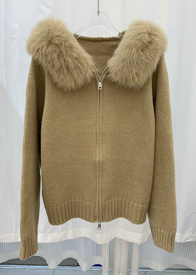 Stylish Pink Fox Collar Zippered Patchwork Knit Coat Winter