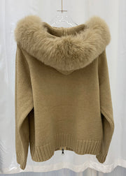 Stylish Pink Fox Collar Zippered Patchwork Knit Coat Winter