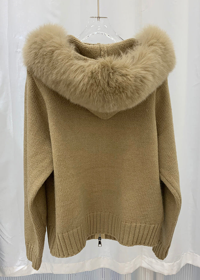 Stylish Pink Fox Collar Zippered Patchwork Knit Coat Winter