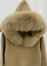 Stylish Pink Fox Collar Zippered Patchwork Knit Coat Winter