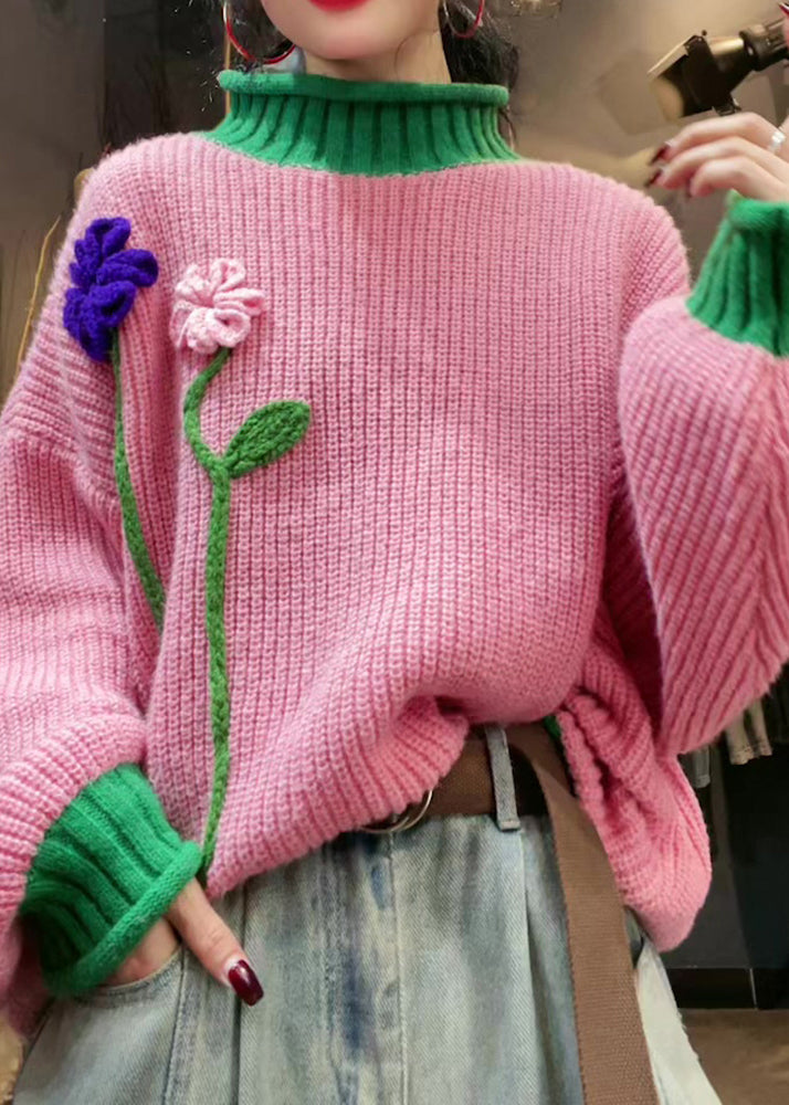 Stylish Pink Hign Neck Floral Patchwork Knit Sweater Winter