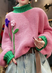 Stylish Pink Hign Neck Floral Patchwork Knit Sweater Winter