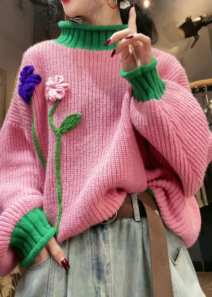Stylish Pink Hign Neck Floral Patchwork Knit Sweater Winter