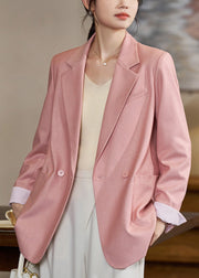 Stylish Pink Notched Double Breast Pockets Spandex Coats Fall