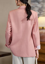 Stylish Pink Notched Double Breast Pockets Spandex Coats Fall