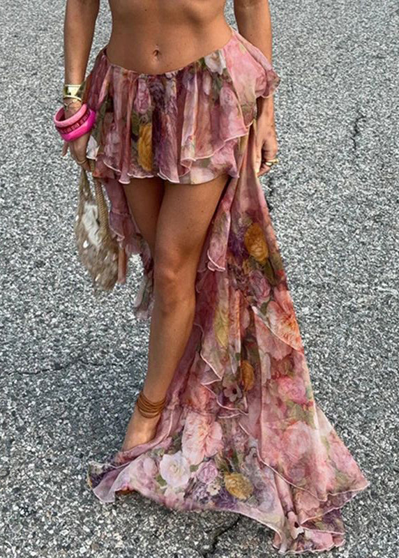 Stylish Pink Print Low High Design Chiffon Skirt Summer