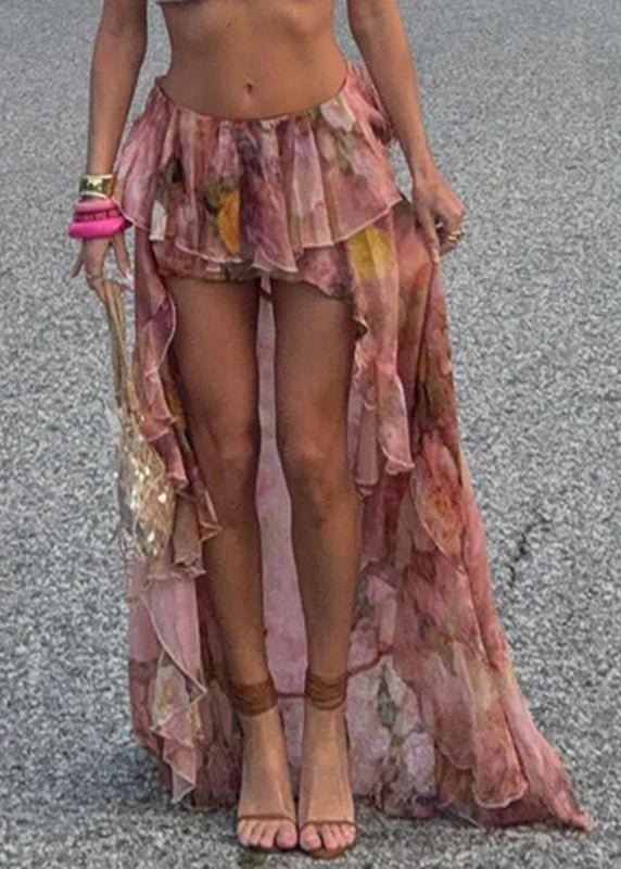 Stylish Pink Print Low High Design Chiffon Skirt Summer