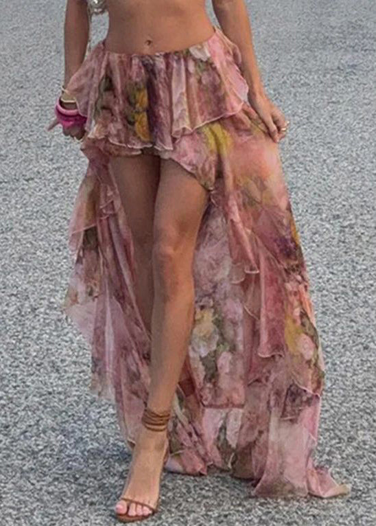 Stylish Pink Print Low High Design Chiffon Skirt Summer