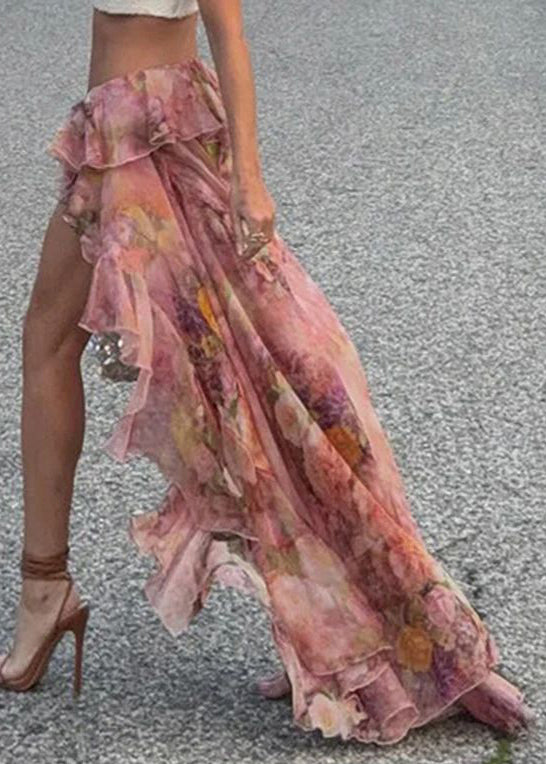 Stylish Pink Print Low High Design Chiffon Skirt Summer